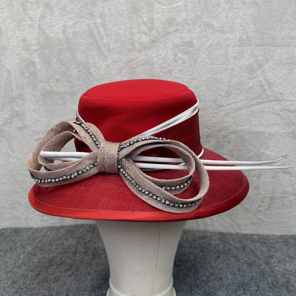 Champagne Italy Hat Womens Kentucky‎ Derby Church Red Wide Brim Bow Rhinestone